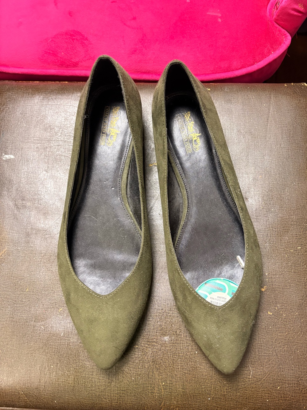 Coach and Four Olive Suede Pointed Toe Flats
